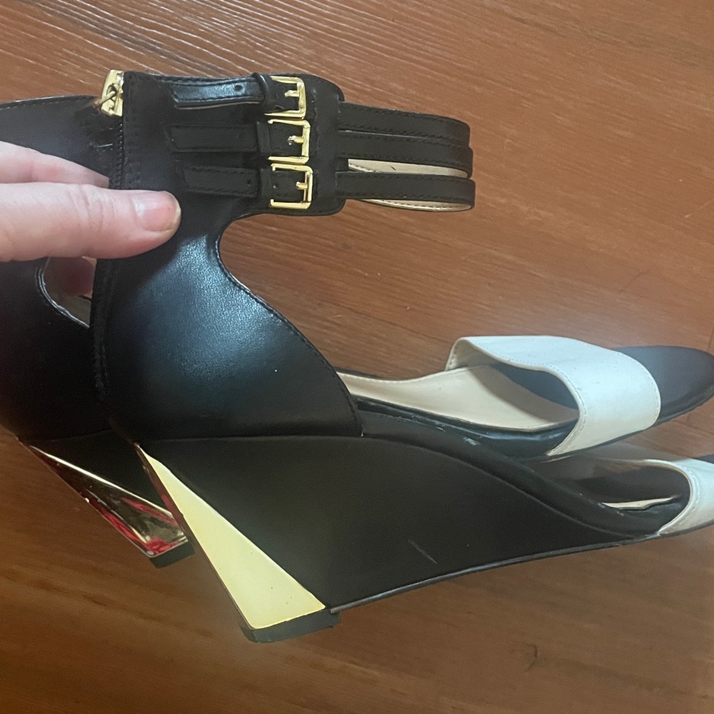 Jessica Simpson black white gold 3 buckle ankle cuff mid-high Wedges